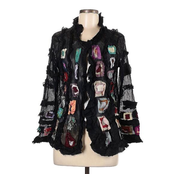 Lee Anderson Art To Wear Silk Cardigan Patchwork Embroidered Ruffled Jacket M - Picture 1 of 7